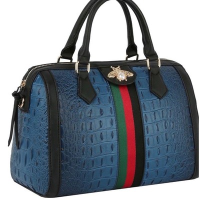 NWT Blue Croc Alligator Queen Bee Stripe Boston Satchel Bag