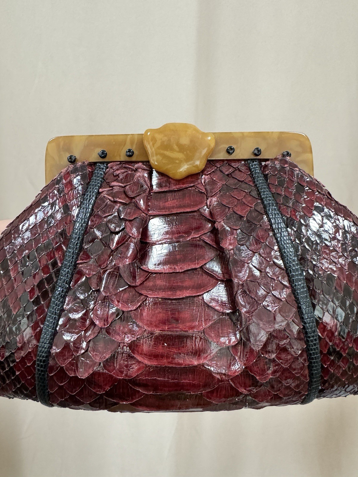 Vintage Handmade Python Snakeskin Bag Burgundy wi… - image 3