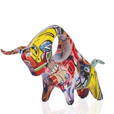 QIANLING Resin Graffiti Bull Statue, Minimalistic Full-Color Bull Figurine De...