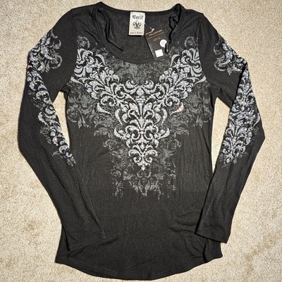 Vtg Y2k VOCAL Burnout Rhinestone Top NWT Size M Fleur De Lis Shirt Goth Grunge
