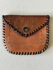 Native American Hand Tooled Leather Embossed Coin Pouch READ