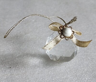 Clear Cut Glass Christmas Ornament with Faux Pearl on Gold Bow