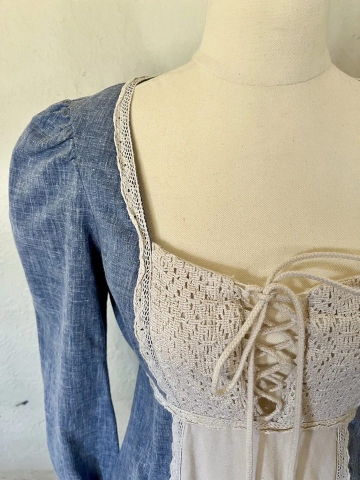 Maxi Vestido de Boda Gunne Sax Vintage Años 60 Boho Hippie Azul Pequeño/Mediano Foto 2 de 4