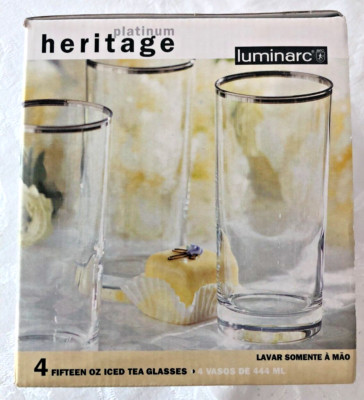 4 Luminarc Platinum Heritage Iced Tea Glasses 15 oz. NIB