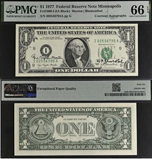 1977 $1 Federal Reserve Note - PMG 66EPQ - Dual Autograph - Morton / Blumenthal