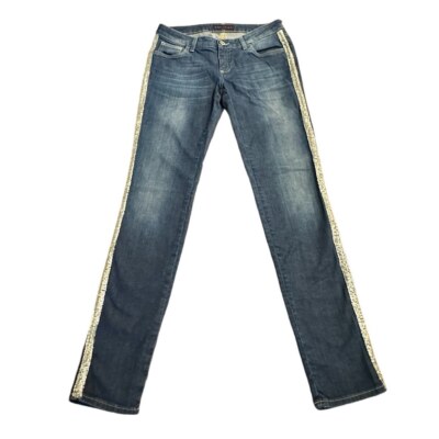 TRUSSARDI Women s Bling New Blue Jeans Gold Side Sequins SZ 28 42 Low Rise Icon