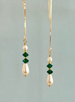 *IAJ* 14k Gold Vermeil Ear Threader w/ Swarovski Crystal Preciosa Teardrop Pearl