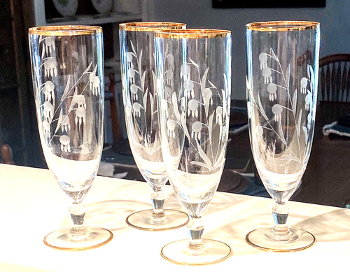 Vtg Lily Of The Valley 9” Tall Champagne Flutes Set Of 4 Etched Art Deco Gold - Picture 2 of 8