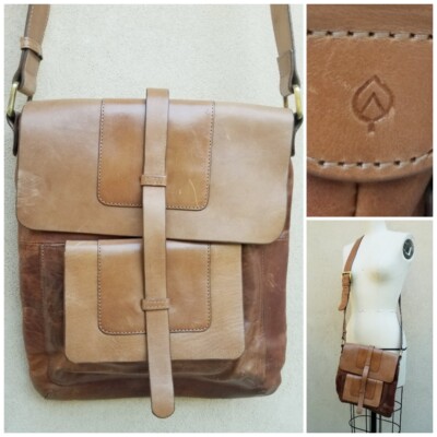 $180 ASPEN Rugged Brown Leather Crossbody Satchel Bag Rn 75343 | eBay