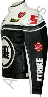 LUCKY STRIKE Leather Motorcycle Jacket - Black/White - Classic