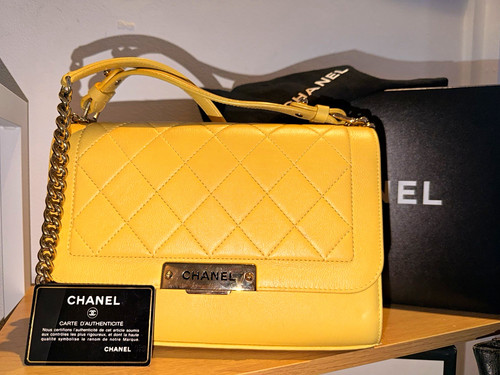 CHANEL Yellow Quilted Leather Shoulder Bag Top Handle Chain Strap Turn Lock Gold