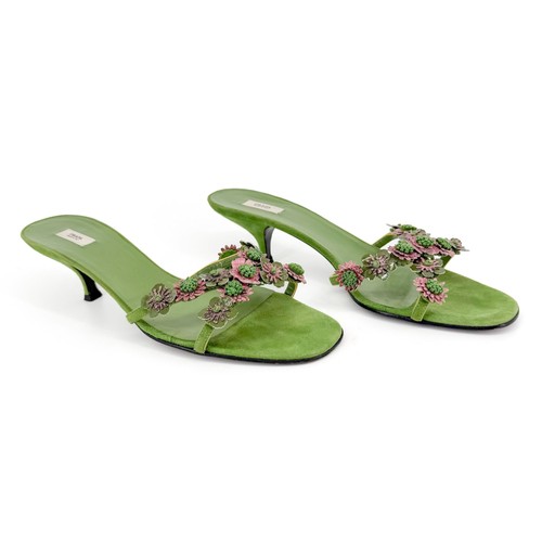 Prada Vintage Flower Mule Sandals Green Suede Size 41 US 11 Kitten Heel Slide