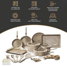 Thyme & Table 32-Piece Aluminum Ceramic Non-Stick Cookware Pots Pans TAUPE New