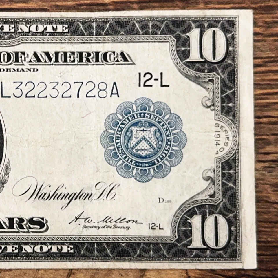 1914 $10 Federal Reserve Note Fr.951a San Francisco L-12 Blue Seal White-Mellon - Image 4 of 4