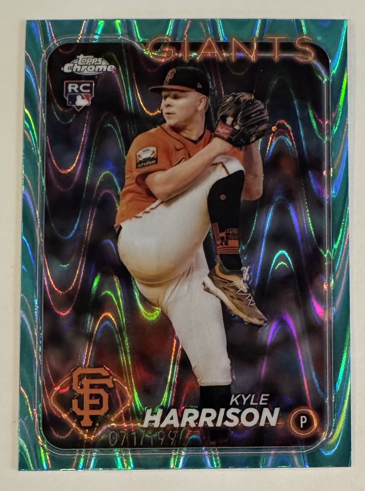 2024 Topps Chrome Kyle Harrison Aqua Raywave #191 RC (Numbered 071 /199)