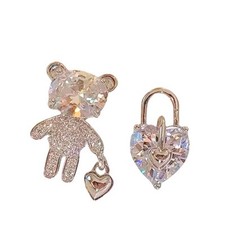 Silver Cubic Zirconia Bear And Heart Stud Earring