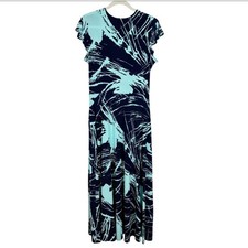 Leota Dress Size XL Maxi Flutter Sleeve Black Blue Print
