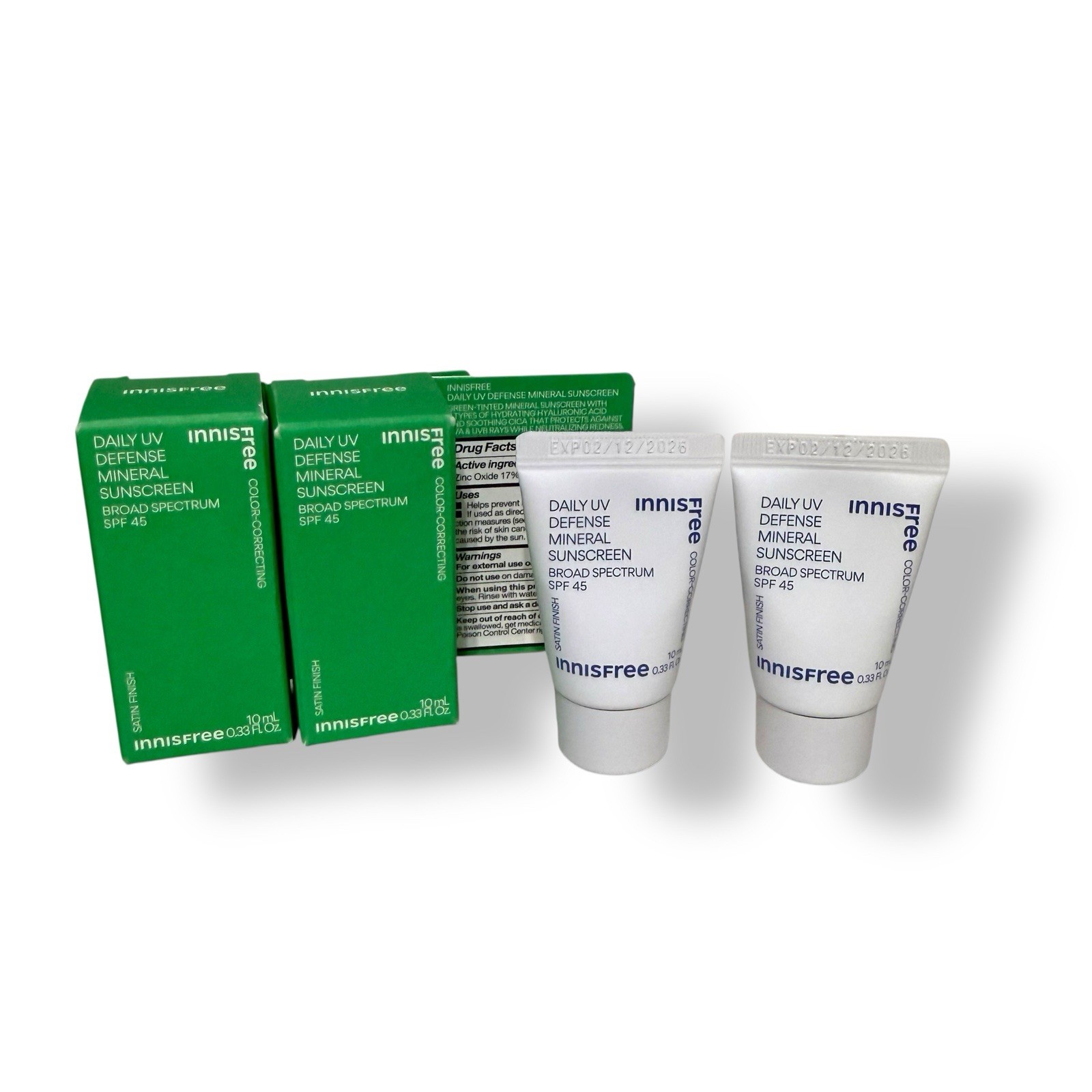 LOT 2 Innisfree Daily UV Defense Sunscreen SPF 45 10mL/.33oz Mini Size EXP 02/26