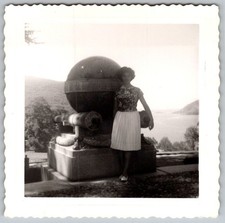 Vtg B&W Snapshot Woman With Statue Scenic View 1950s