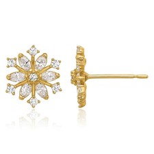 14K Solid Yellow Gold CZ Snowflake Stud Earrings