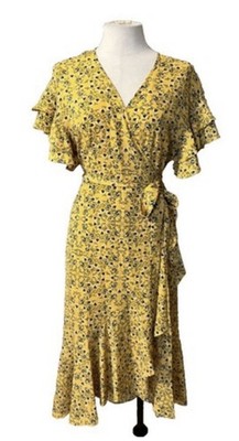 Yellow  Floral Midi Wrap Dress, Flutter,  Short Sleeves V-Neck, Ruffle bottom