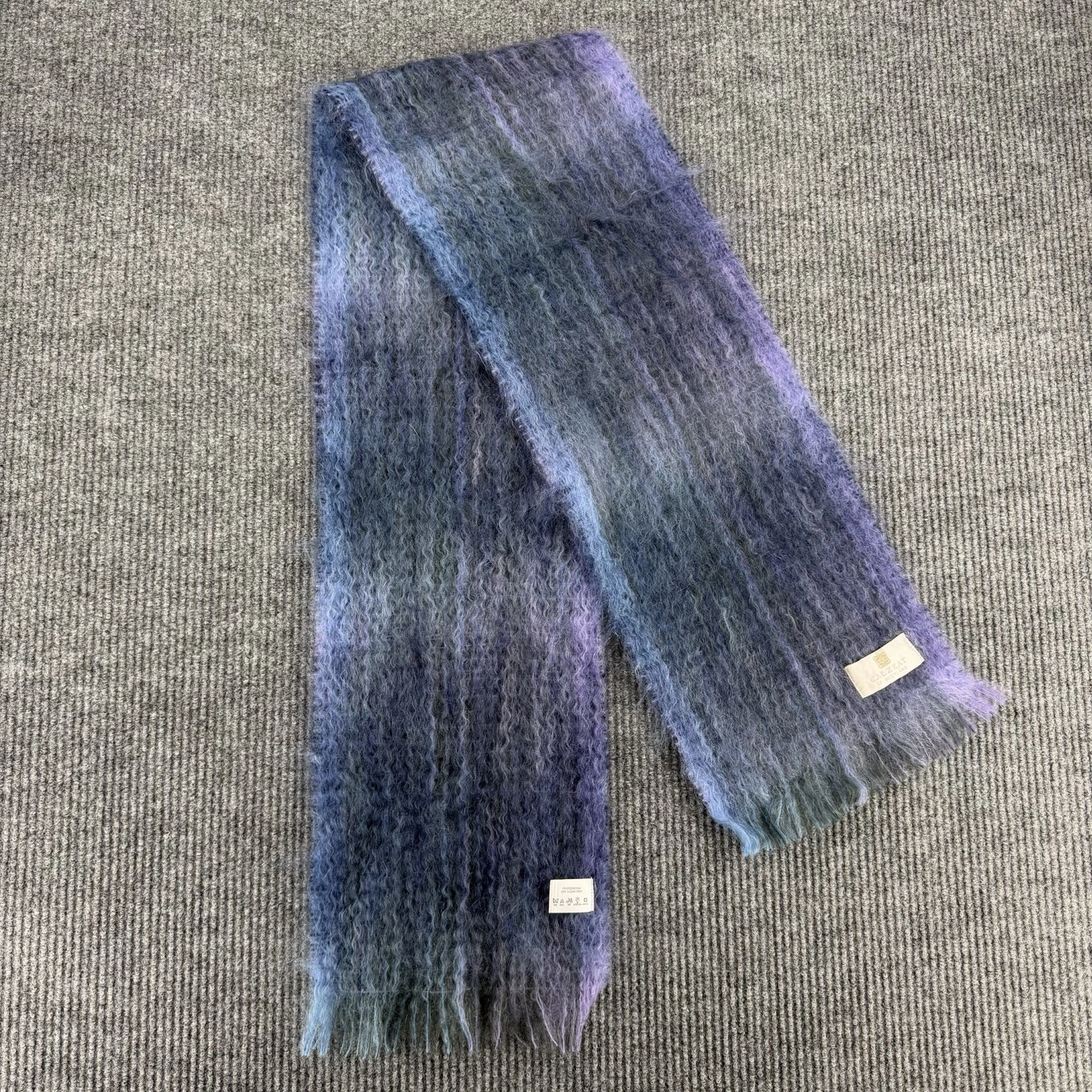 Calzeat Mohair Scarf Made Scotland Blue Purple Plaid Fuzzy Fringe