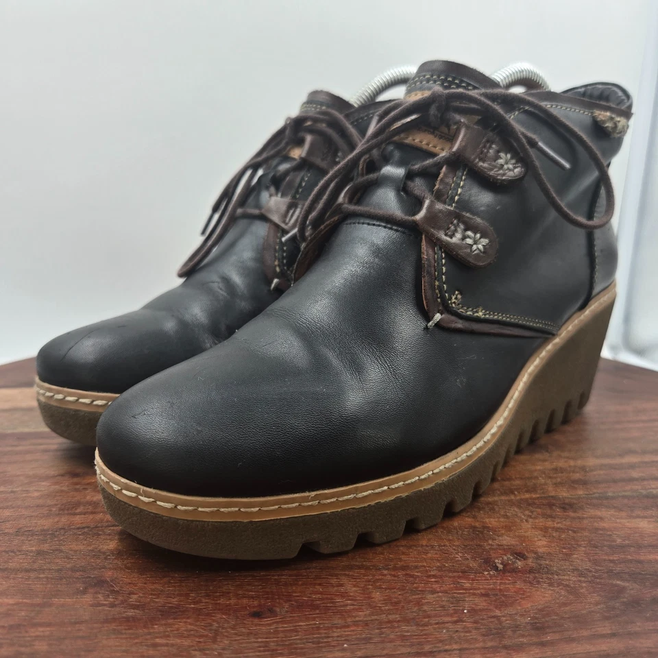 Pikolinos Zafiro Boots Womens 39 / 8.5 Black Brown Leather Platform Wedge Bootie - Image 4 of 4