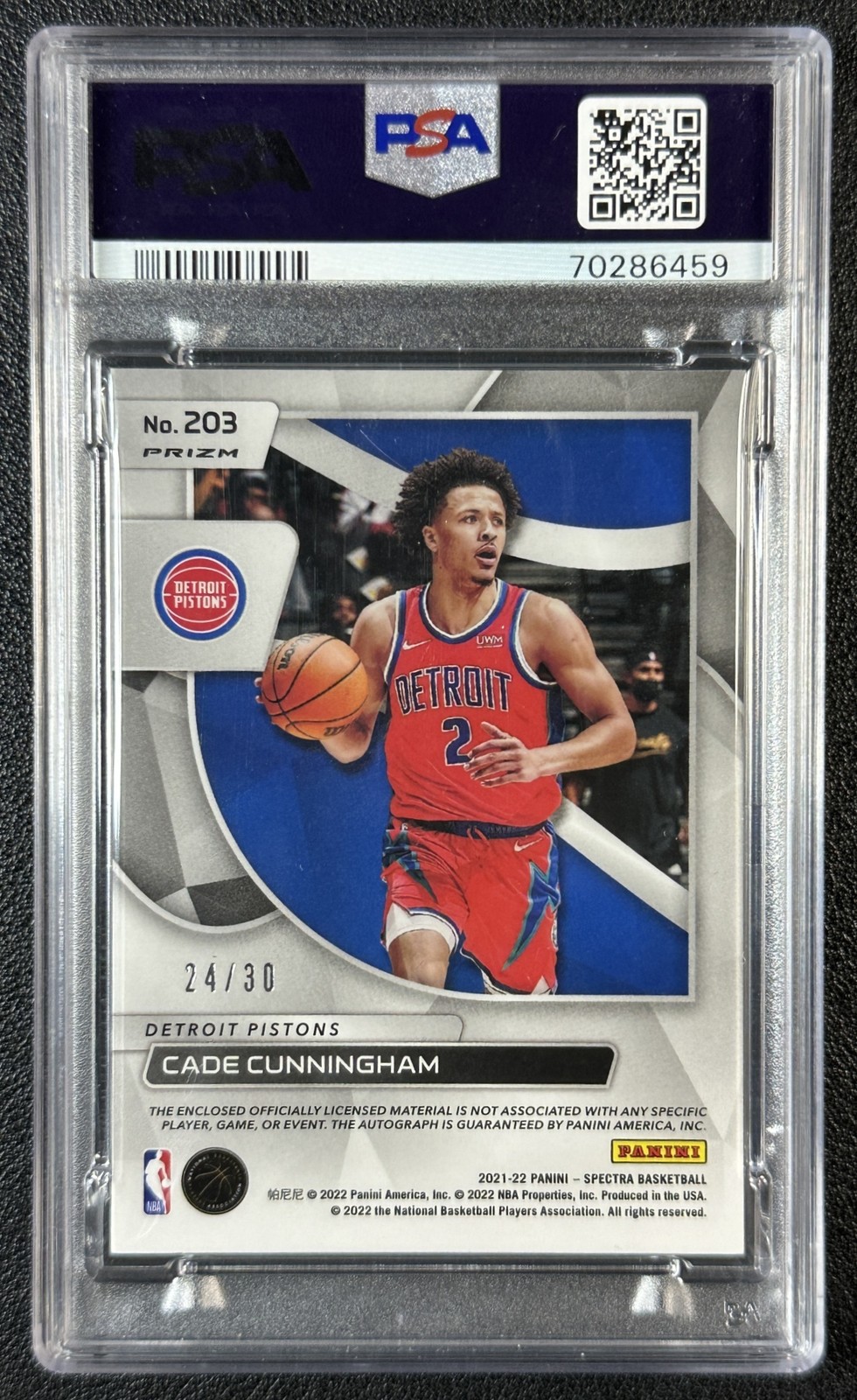 CADE CUNNINGHAM PSA 9 2021 PANINI SPECTRA #203 ROOKIE PATCH AUTO BLUE WAVE 24/30 view 2