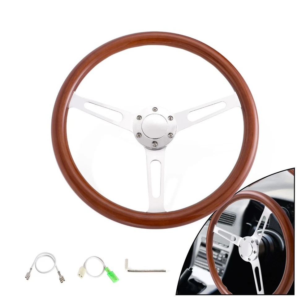 380mm/15" Classic Wood Silver Brushed Spoke Steering Wheel with Horn Button Foto 2 de 4
