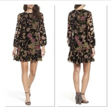 Eliza J Black Velvet Floral Boho Shift Dress Size 0