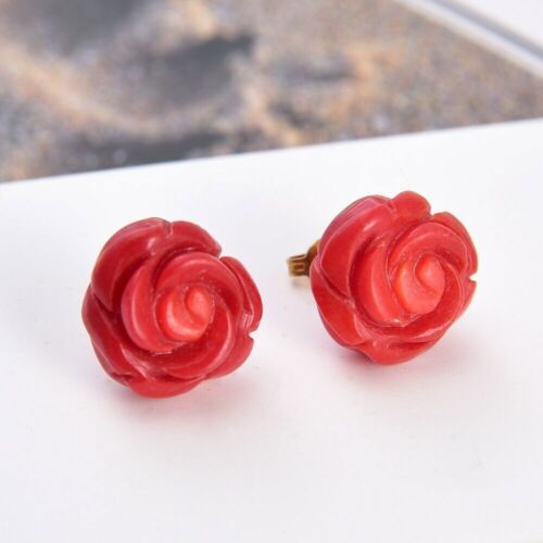 Classic 15mm Natural Carven Red Coral Flower Stud Earrings For Women Girls - Picture 1 of 6