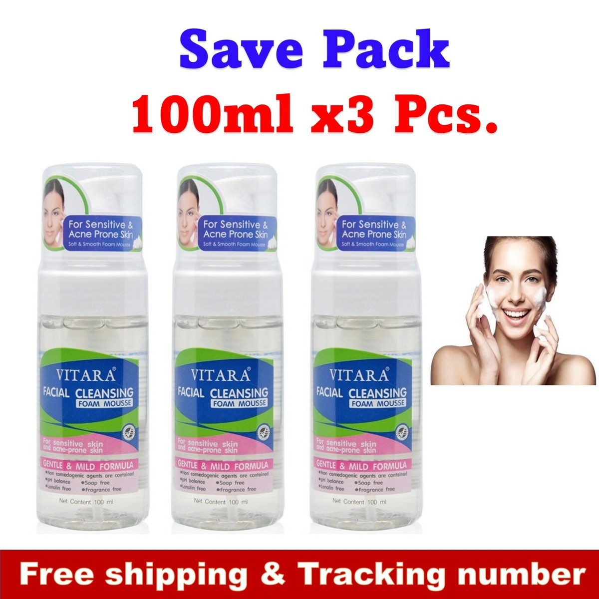 3x100g VITARA Facial Cleansing Mousse Foam Sensitive Skin Gentle