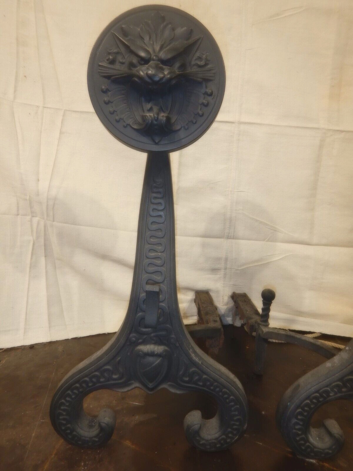 Antique Art Nouveau Gothic Dragon Bradley Hubbard Cast Iron Fireplace Andirons 