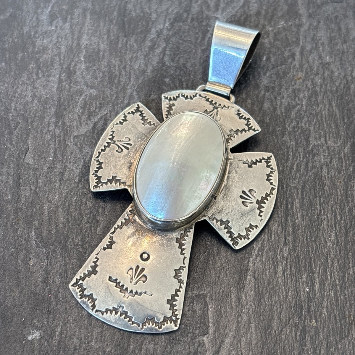Emma Bighand Navajo Sterling Silver MOP 3” Cross Pendant Vintage