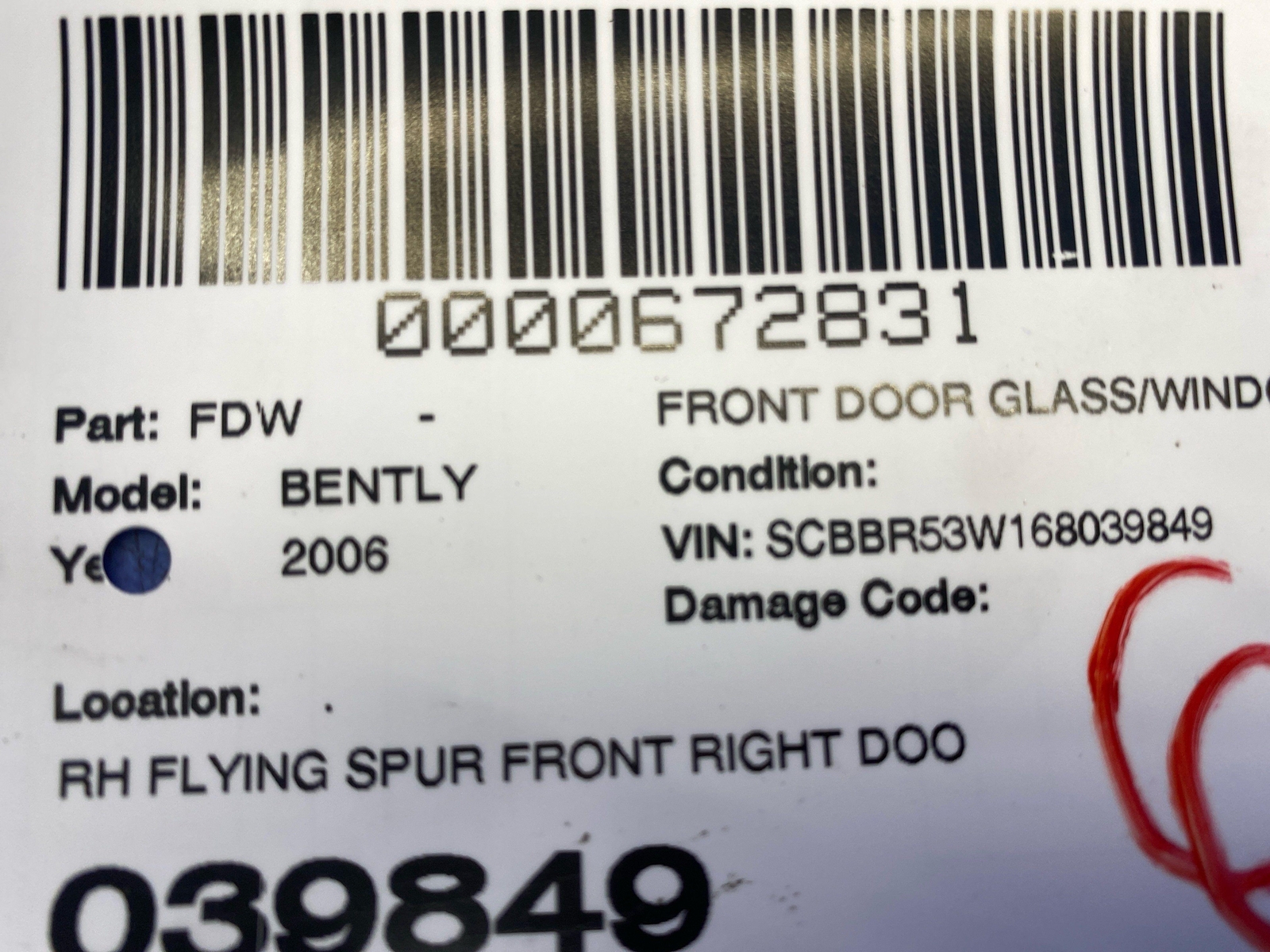 2006-2012 BENTLEY CONTINENTAL FLYING SPUR FRONT RIGHT DOOR WINDOW GLASS OEM