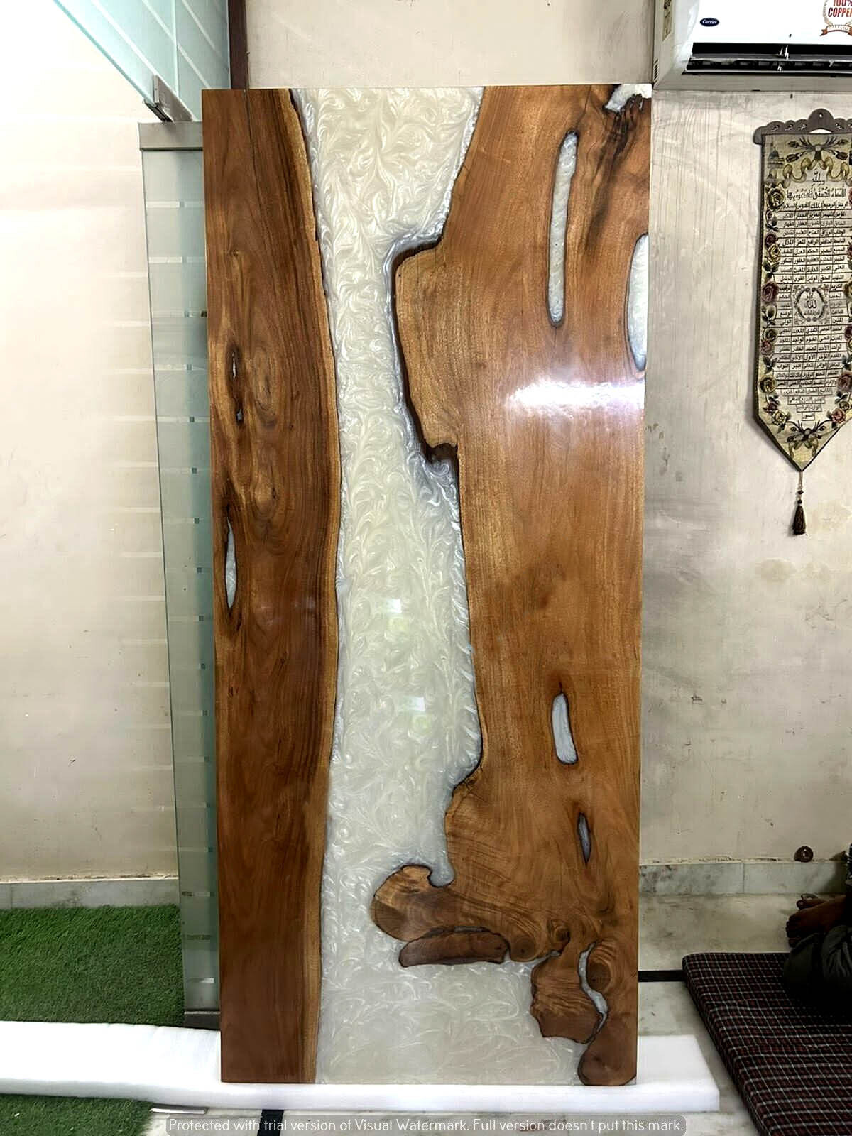 White Epoxy Table, Resin Dining Table, Wood Epoxy Headboard , Home Living Decor-image