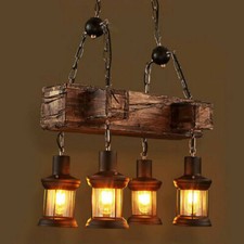 Rustic 4-Heads Chandelier Wood Industrial Ceiling Lamp Pendant Light Fixture USA