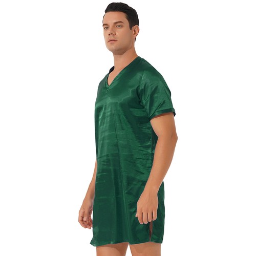 US Men Satin Nightshirt V Neck Short Sleeve Pajama Tops Robe Sleepwear Nightwear - Picture 108 of 168