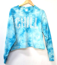 Gildan Women s Sweatshirt XL CHILL Tie Dye Blue Cropped Raw Hem Pullover
