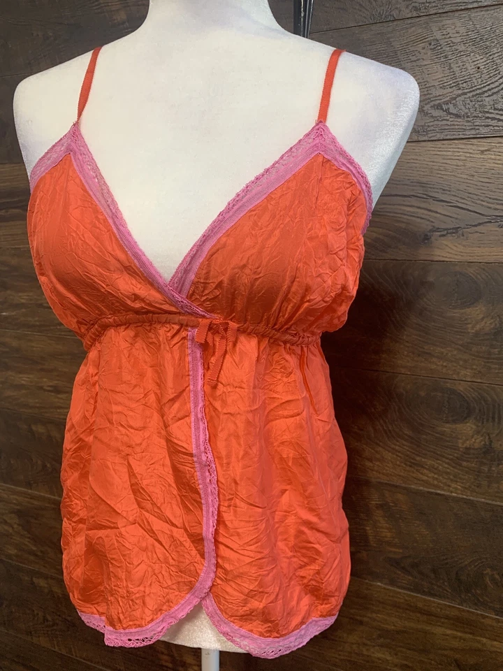 Victoria Secret Camisole Small PINK Silk Orange Pink Lace Vintage Rare Babydoll - Image 2 of 4