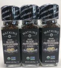 New Watkins Organic Black Peppercorn Grinder 2.6 Oz Glass bottle 3 pack