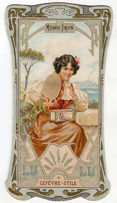 Oblaten scrap  chromo Litho Werbekarte  Lefevre-Lu  Jugendstil  Dame  14 cm