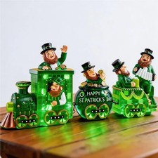 3 Pcs Ireland St Patricks Day Decorations Train Figurine with Lighted Leprech...
