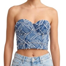 Y2K Denim Bustier Top Women XS Blue Distressed Strapless Hook Eye