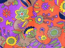 Vintage 1960s 1970s Psychedelic Floral MOD Purple Orange Cotton Fabric
