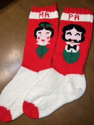 Pair VTG Handmade Crocheted Stockings Ma Pa Mom Dad 70s MCM 21  Christmas Countr