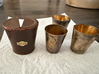 Vintage Datsun 3pc 1oz Sterling Silver (.950) Shot Glass Set Leather Case Japan
