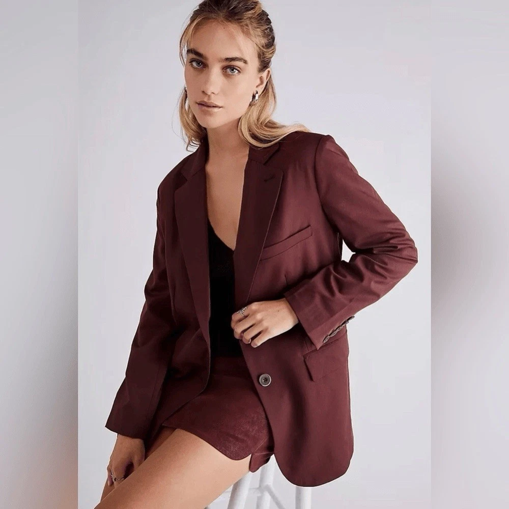 NWOT We The Free People Burgundy Brown Button Slouchy Blazer Sz M