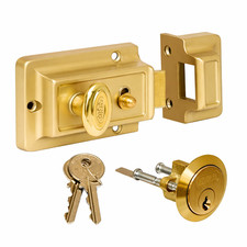 Brass Rim Night Latch Door Lock Security 3 Keys Home Safety Back Set Cylinder