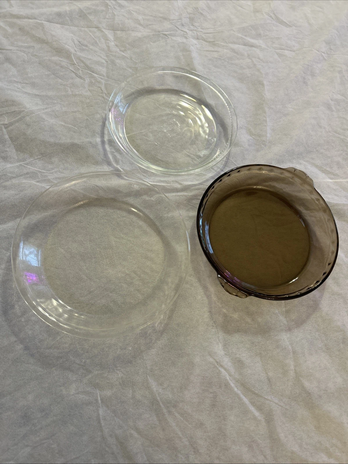 Vintage Pyrex Pie Dish’s, Brown + Clear, bundle of 3